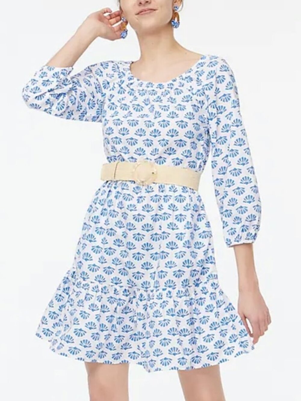 J. Crew NWT Scoopneck Cotton Shell Print Tiered Balloon Sleeve Mini Dress, 16
